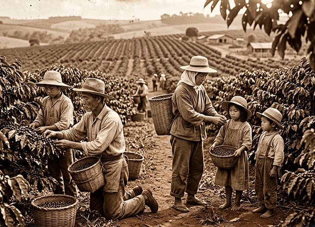 Família japonesa trabalhando na colheita do café no interior de São Paulo, circa 1915