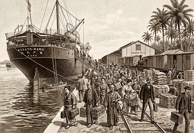 Ilustração do navio Kasato Maru atracado no porto de Santos em 1908, com imigrantes japoneses desembarcando