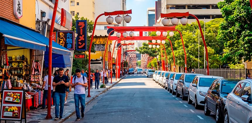 Rua do bairro da Liberdade em São Paulo, com arcos vermelhos japoneses, letreiros em japonês e movimento de pedestres