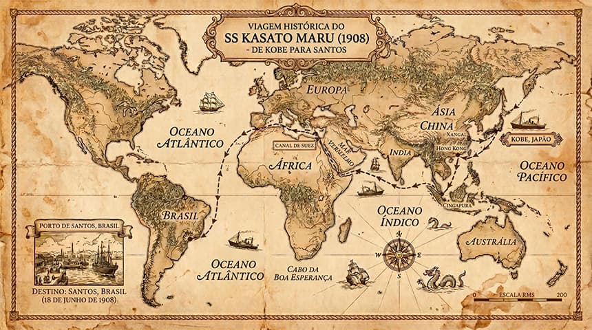 Mapa da viagem histórica do SS Kasato Maru em 1908, de Kobe (Japão) ao porto de Santos (Brasil)